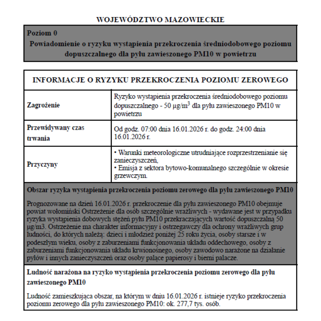 zdjecie na stronie o tytule: Ryzyko przekroczenia poziomu pyłu PM 10 w dniu 16.01.2026