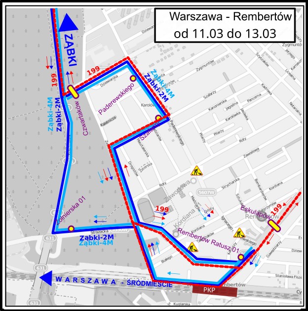 zdjecie na stronie o tytule: Objazd Z2M i Z4M w Rembertowie - zawieszenie przystanku Kordiana 02