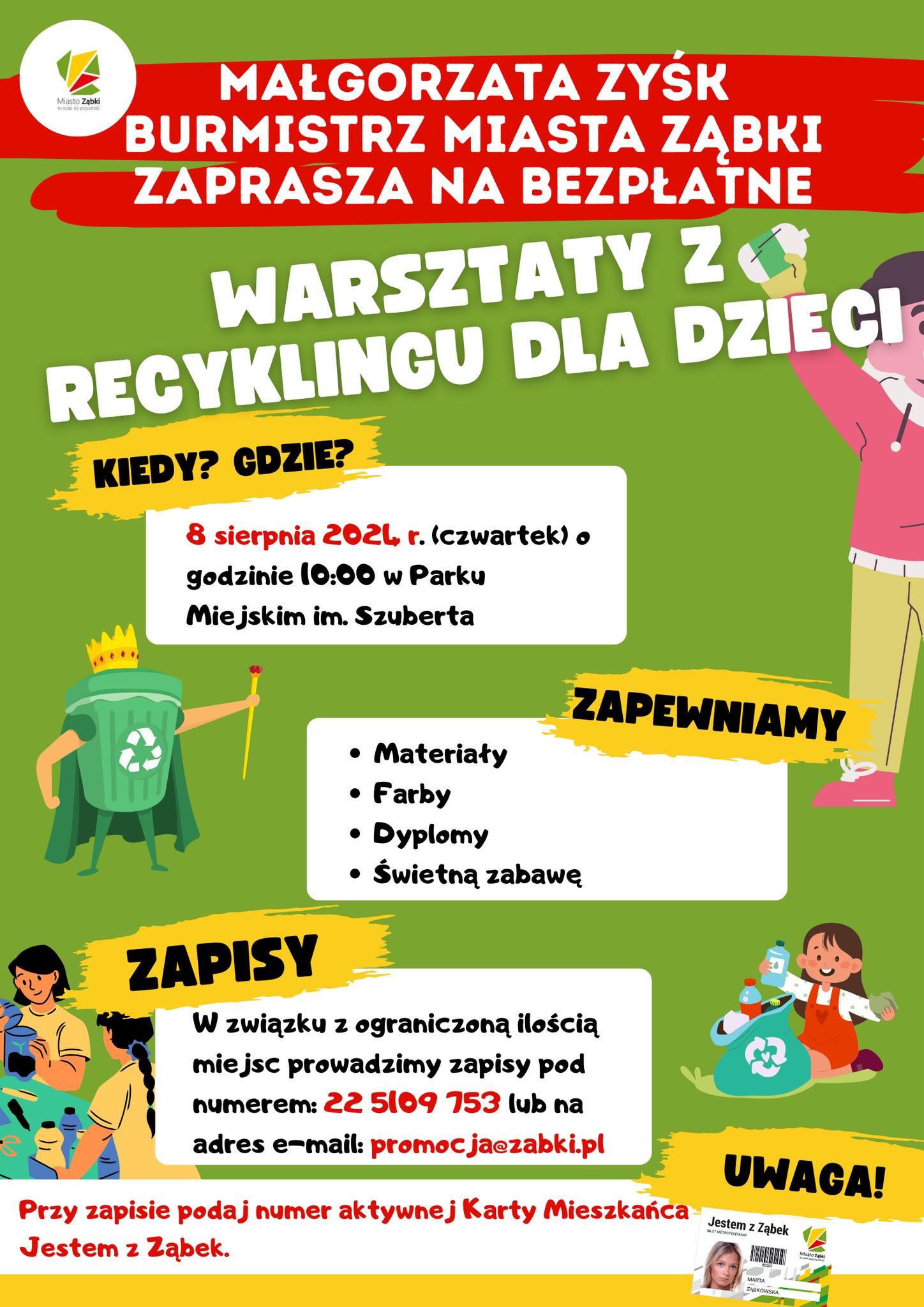 zdjecie na stronie o tytule: Burmistrz Miasta Ząbki zaprasza dzieci na bezpłatne warsztaty z recyclingu