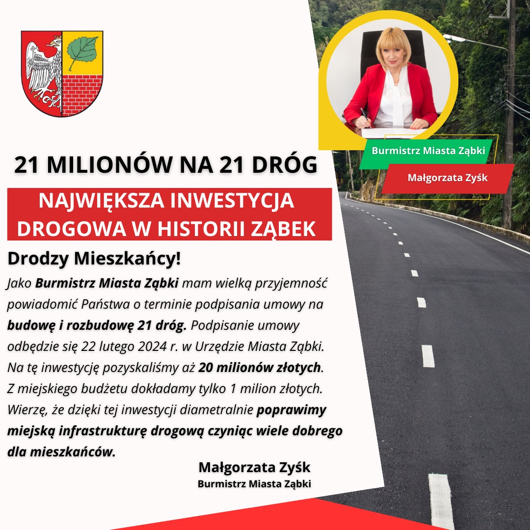 zdjecie na stronie o tytule: Konferencja prasowa w UM Ząbki. Podpisanie umowy na budowę 21 dróg gminnych