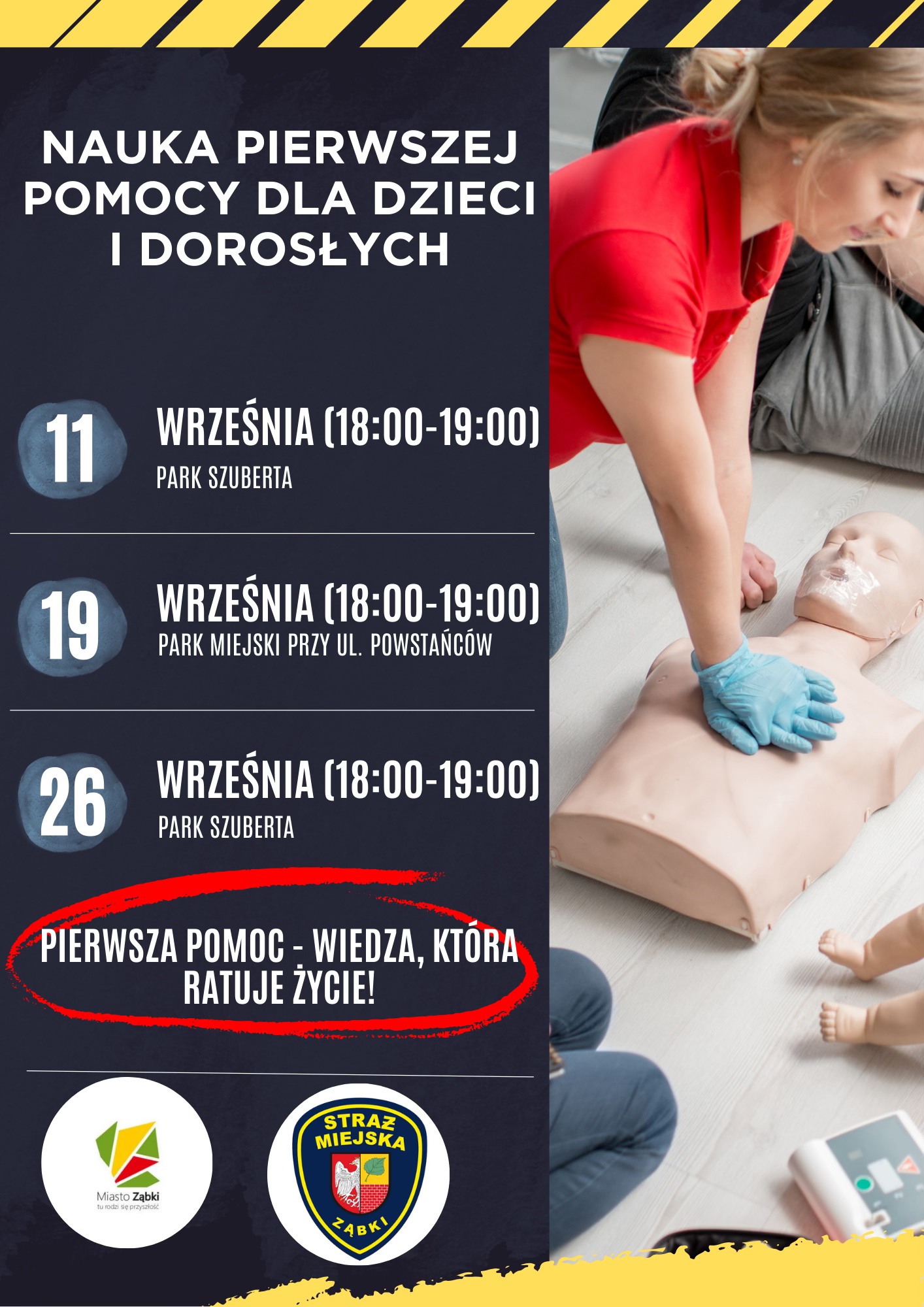 zdjecie na stronie o tytule: Warsztaty z Pierwszej Pomocy dla mieszkańców Ząbek w parku Szuberta