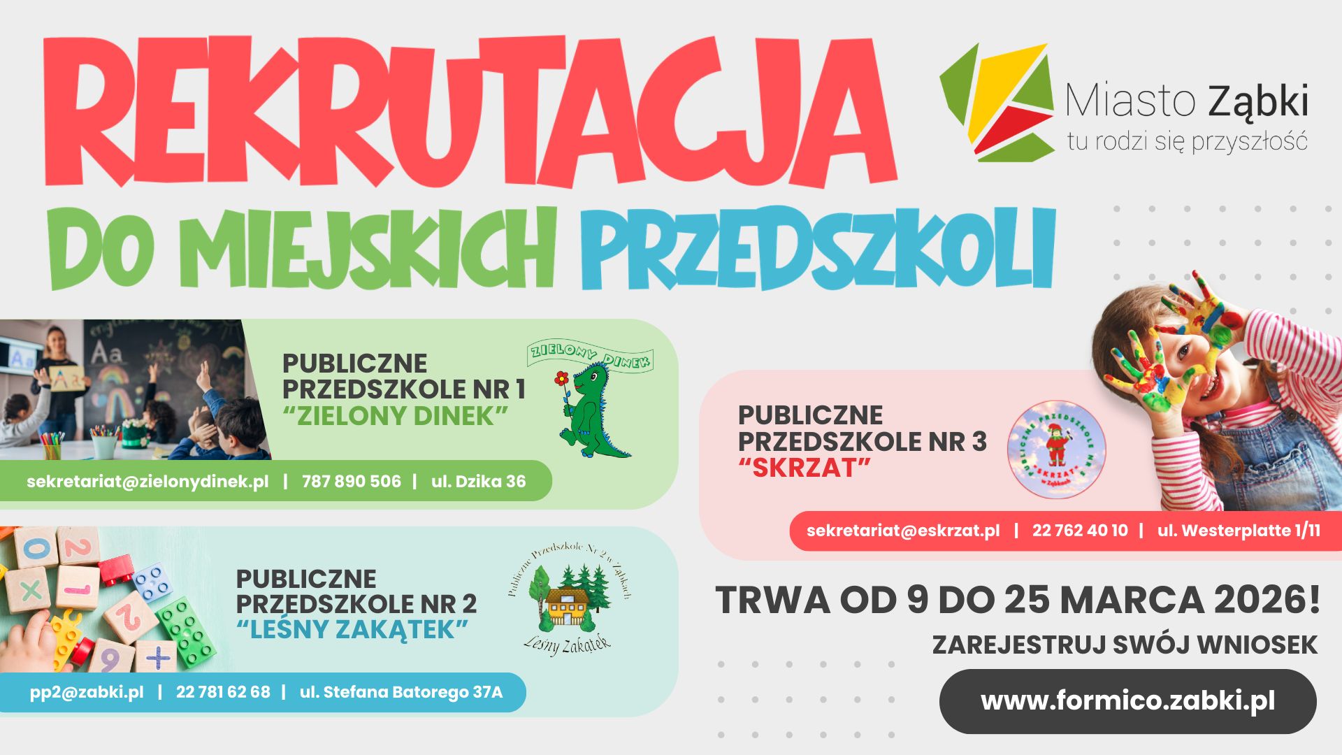 zdjecie na stronie o tytule: Przypominamy - proces rekrutacji do publicznych przedszkoli na rok szkolny 2026/2027 do 25 marca 2026 r. do godziny 16:00.