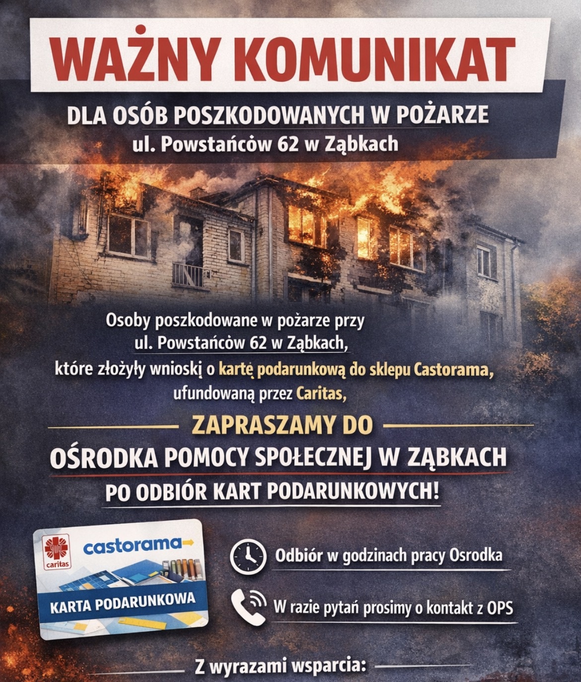 zdjecie na stronie o tytule: Ważny komunikat dla osób poszkodowanych w pożarze przy ul. Powstanców 62