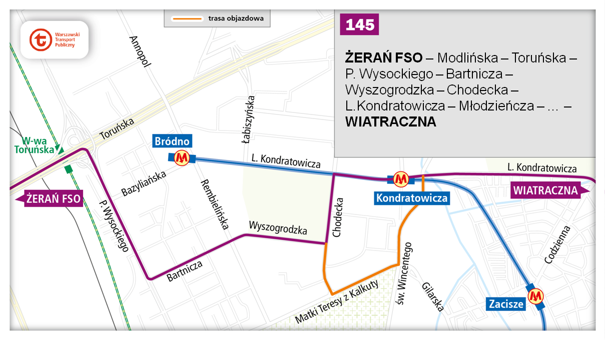 Schemat trasy linii autobusowej 145 po otwarciu stacji II linii metra na Bródnie od 28.09