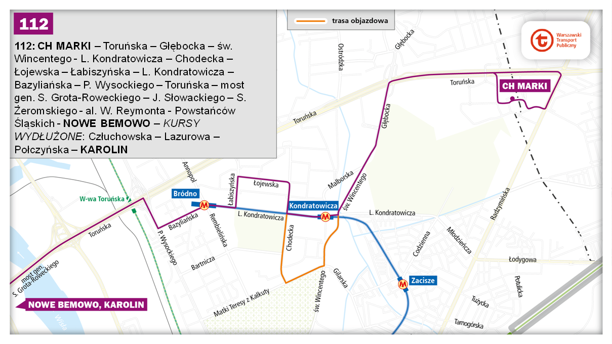 Schemat trasy linii autobusowej 112 po otwarciu stacji II linii metra na Bródnie od 28.09