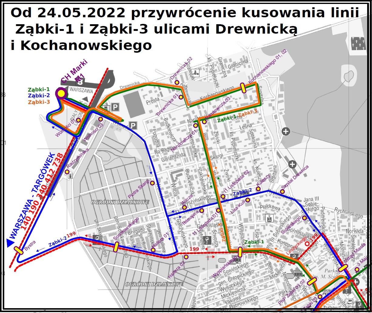 Mapa układu linii autobusowych w północnych Ząbkach