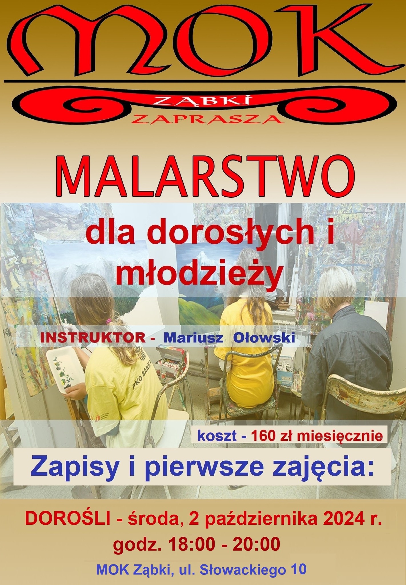 plakat zaproszenie na zajęcia z malarstwa dla dorosłych w MOK Ząbki